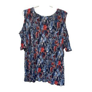 CATO Plus‎ Size Cold Shoulder Blouse 26/28W Floral Pleated Design Blue & Red